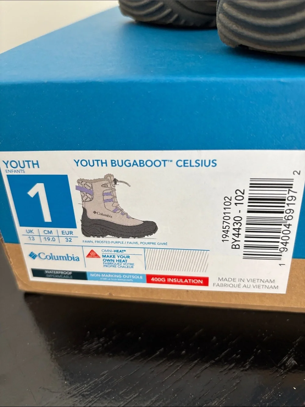 Columbia Youth Bugaboot Celsius in Lavendar and Cream Size 1